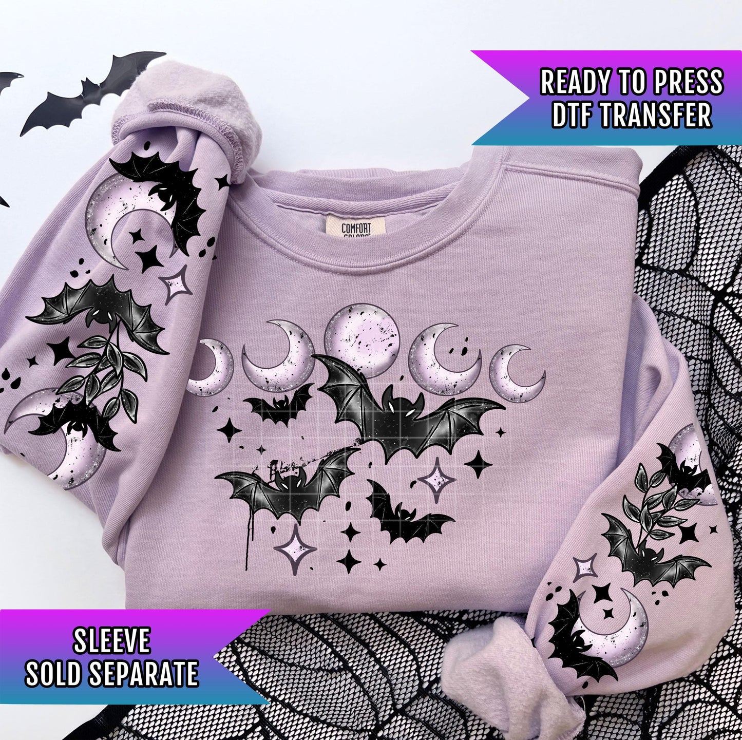 Moon Phases Bat DTF Transfer, Gothic Witchy Halloween DTF Transfer Ready For Press, Heat Press Transfers, Direct To Film, Custom Transfers
