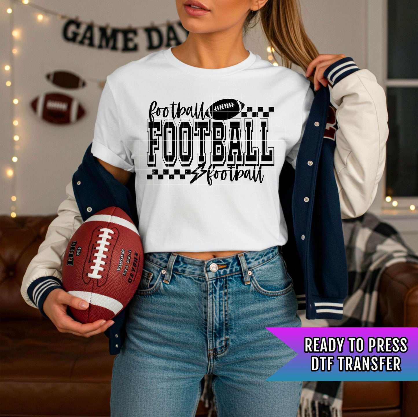 Football Season DTF Transfer Ready For Press, Game Day DTF Prints, Heat Press Transfer, Direct To Film Checkered Football, Custom Transfers