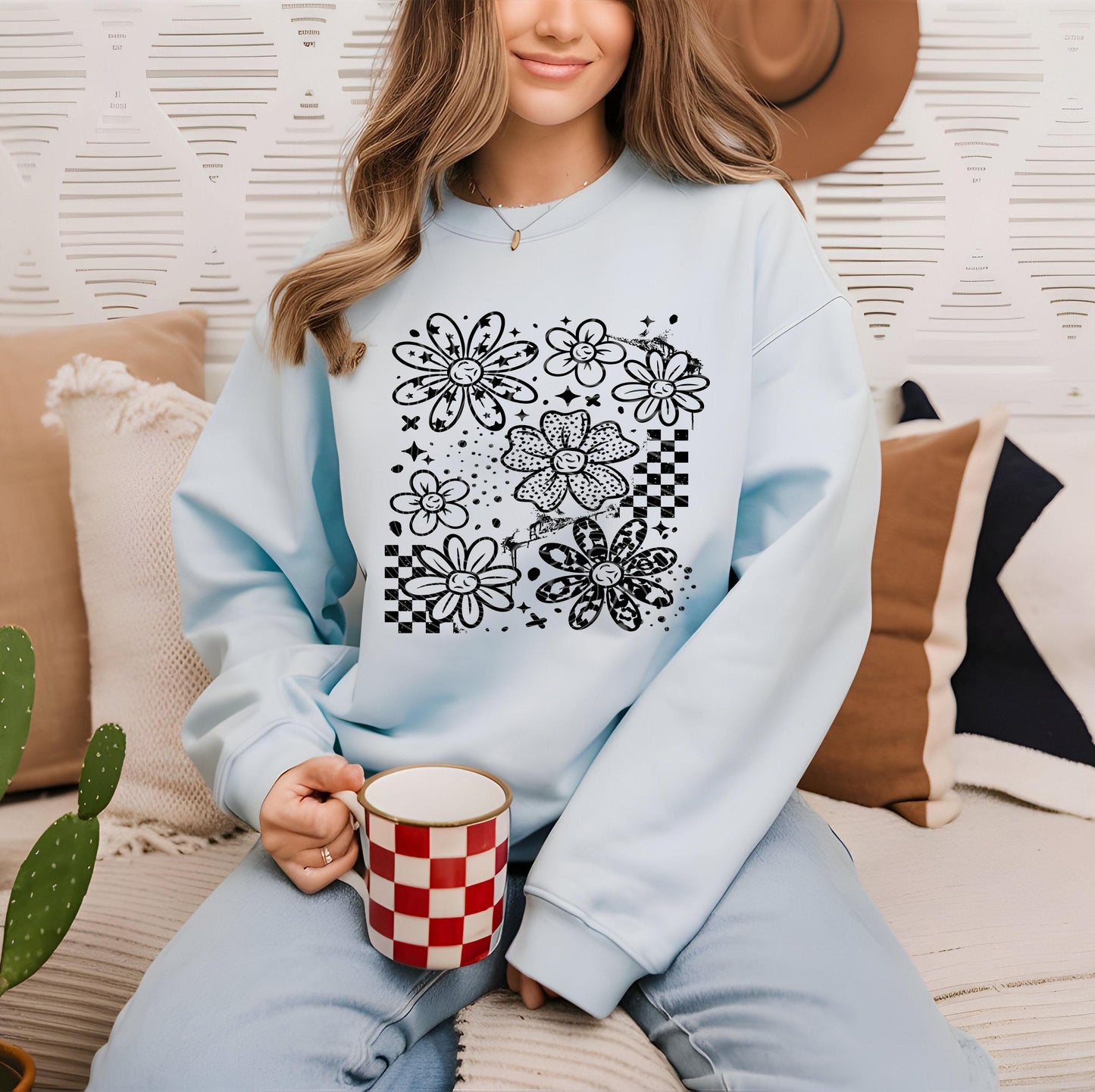 Groovy Daisy DTF Transfer Ready For Press, Heat Press Transfer, Checkerboard Flower Dtf Print, Direct To Film, Custom Transfer, Retro Floral