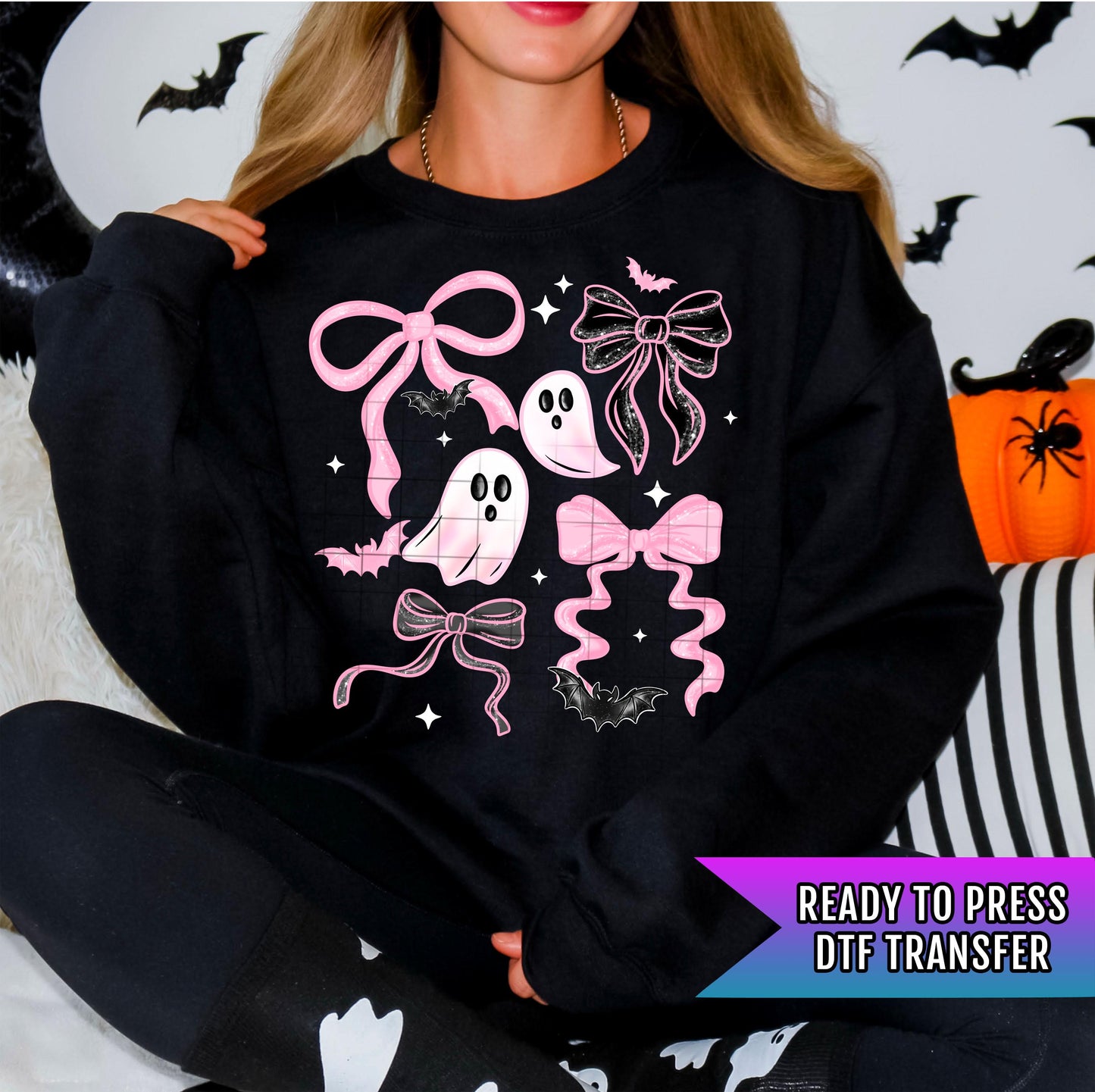 Halloween Bow Ghost DTF Transfer, Coquette Bow DTF Transfer Ready For Press, Spooky DTF, Heat Press Transfer, Direct To Film Custom Transfer