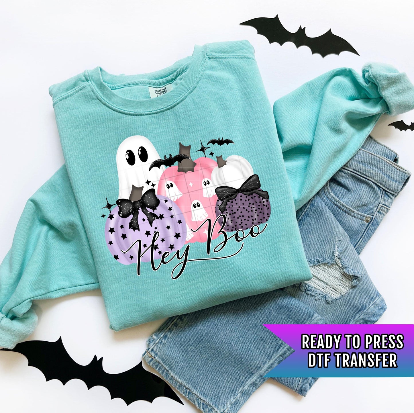Hey Boo DTF Transfers, Pastel Halloween Ghost Pumpkin DTF Transfers Ready For Press, Heat Press Transfers, Direct To Film, Custom Transfers