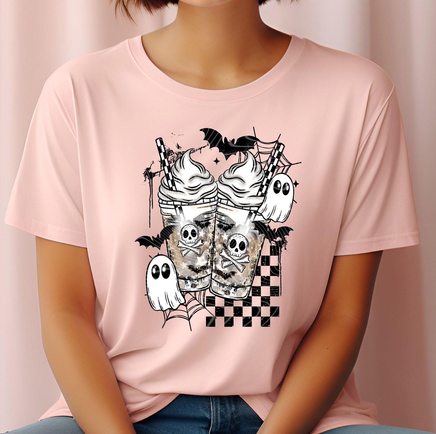 Halloween Drink DTF Transfer, Halloween DTF Transfer Ready For Press, Spooky Coffee Ghost Skull Transfer, Heat Press Transfer Direct To Film