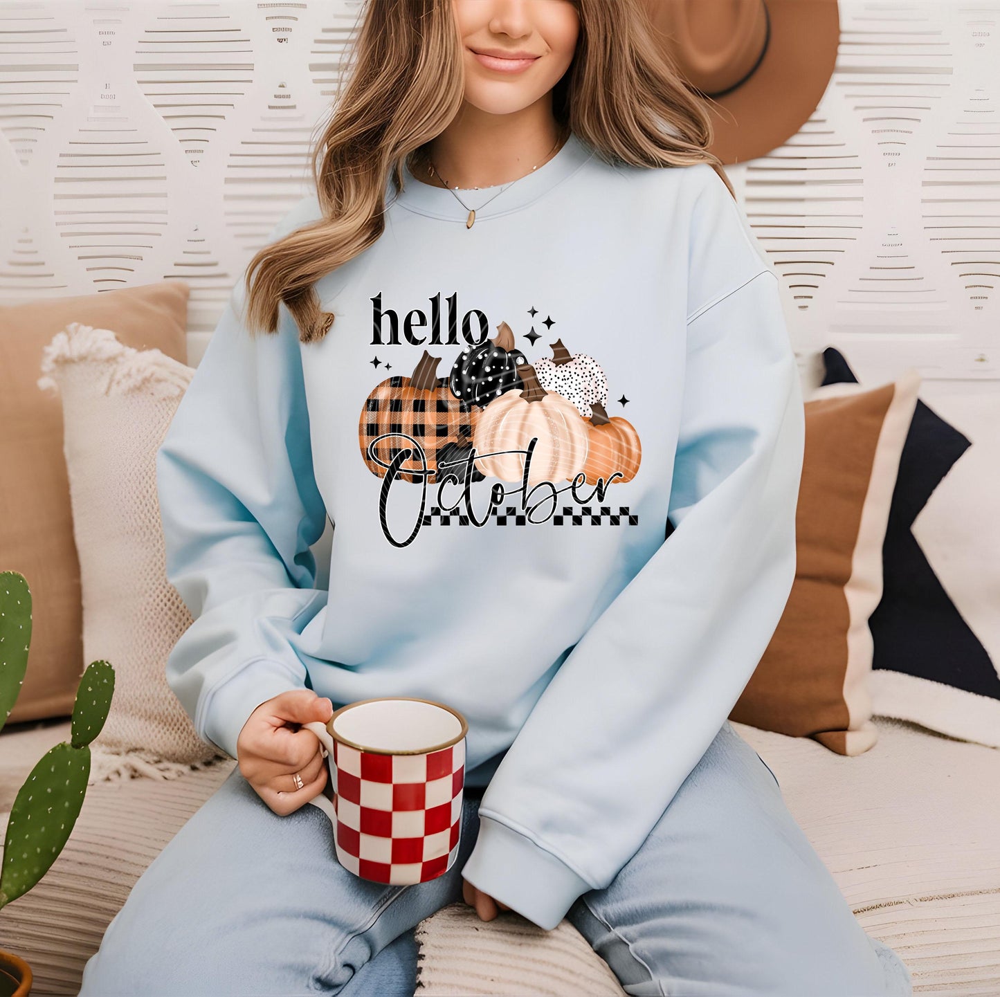 Hello October DTF Transfer Ready For Press, Fall Pumpkin Plaid DTF Print, Autumn Vibes Cozy Dtf Prints, Heat Press Transfer, Custom Transfer