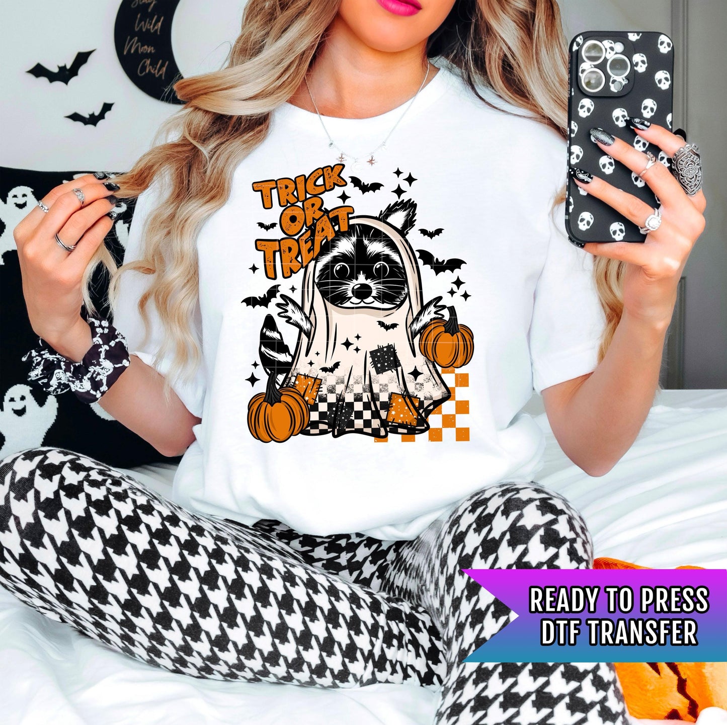 Trick or Treat DTF Transfer, Halloween Raccoon DTF Transfer Ready For Press Spooky Season Heat Press Transfer Direct To Film Custom Transfer
