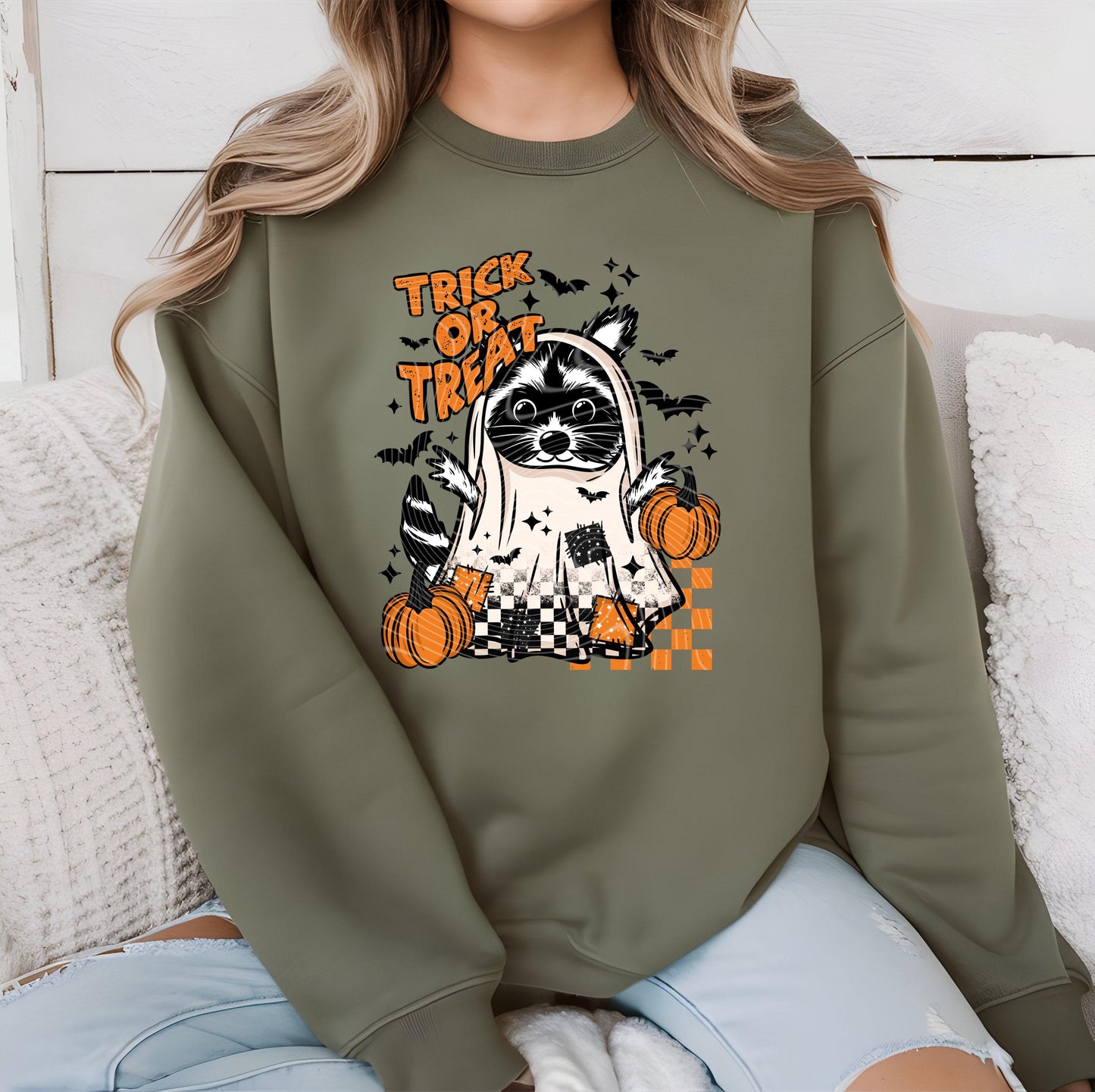 Trick or Treat DTF Transfer, Halloween Raccoon DTF Transfer Ready For Press Spooky Season Heat Press Transfer Direct To Film Custom Transfer