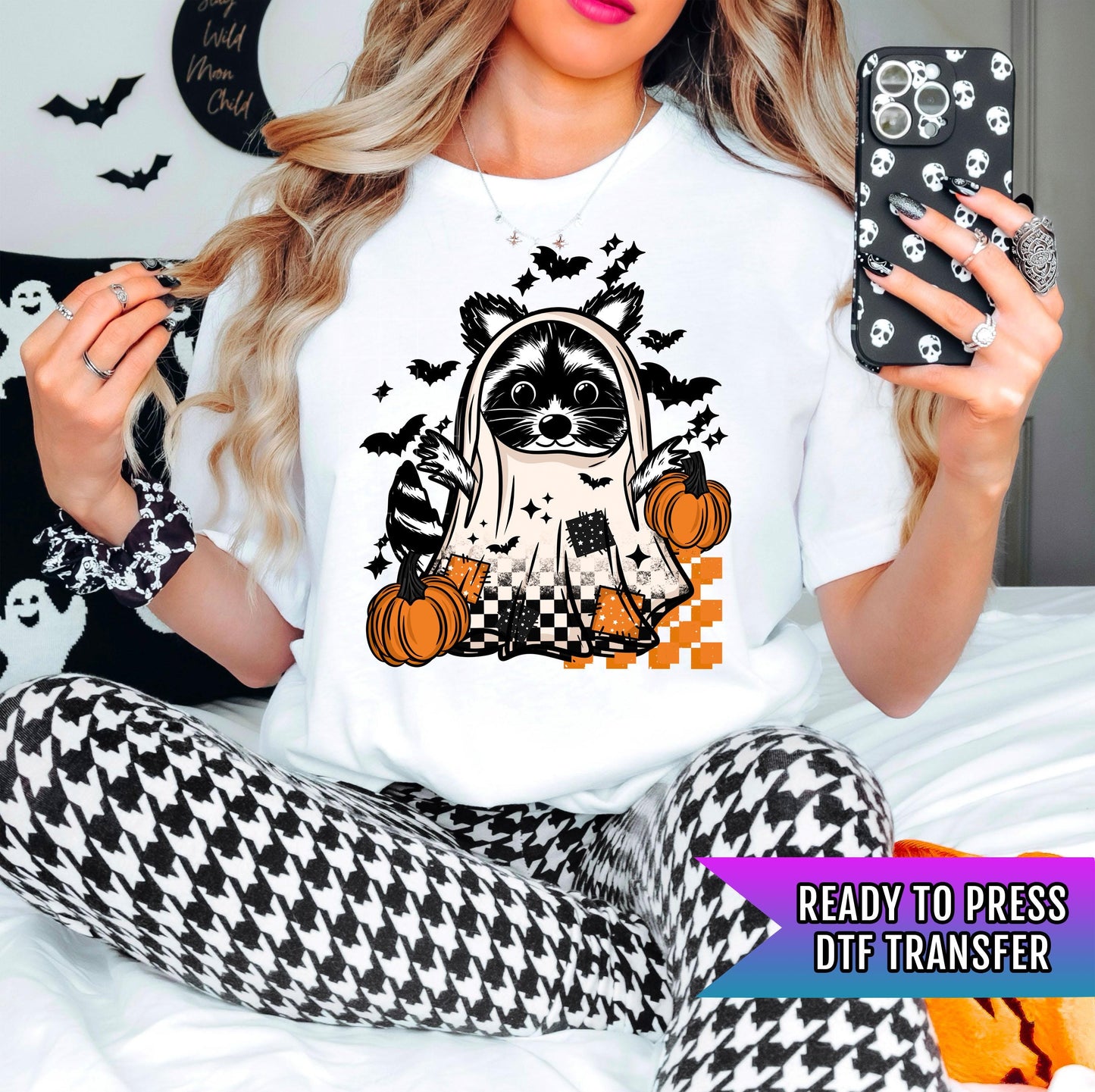 Ghost Racoon DTF Transfer, Spooky Season DTF Transfer Ready For Press, Halloween Pumpkin, Heat Press Transfer Direct To Film Custom Transfer