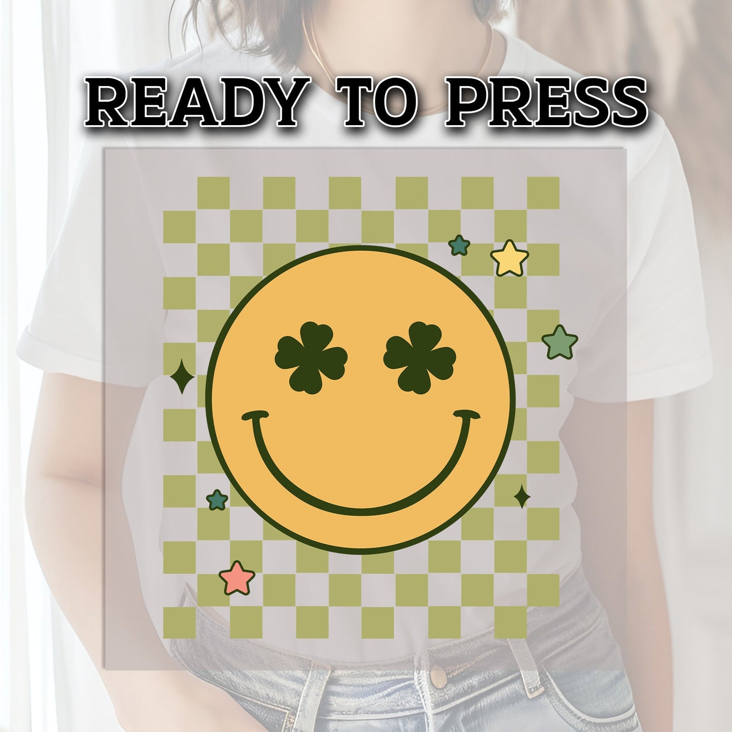 DTF Transfer, Ready For Press, Retro Clover Smiley St Patrick Day DTF Print, Custom Transfers, DTF Print, Heat Transfer, T-shirt Transfers