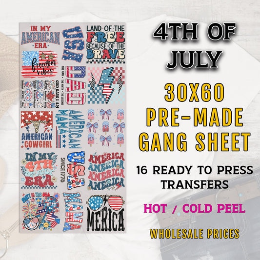 4th of July Transfer, 4th of July Gang Sheet, America DTF Transfer, DTF Transfer Ready For Press, Premade Gang Sheet, Heat Transfer, DTF