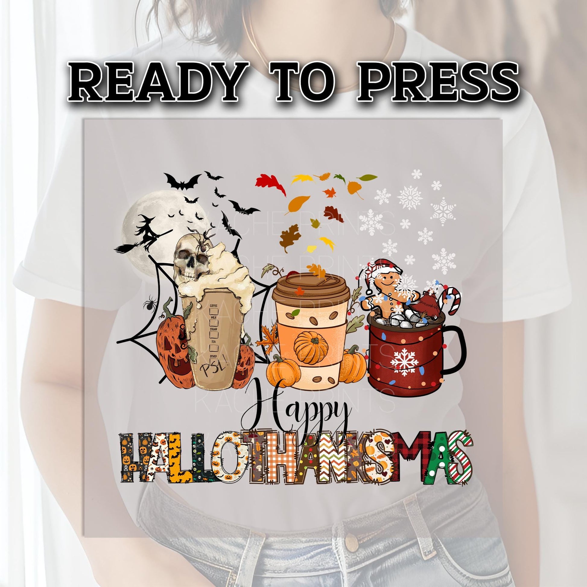 Halloween DTF Transfers, Halloween DTF Transfer Ready For Press, Heat Press Transfer, Pumpkin DTF Print, Happy Hallothanksmas Dtf Transfers