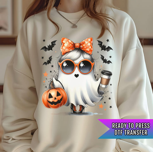 Coquette Cute Ghost Drinking Coffee Ready To Press, Halloween DTF Transfers, Pumpkin DTF Print Ready For Press, Boo Dtf, Spooky Season Dtf