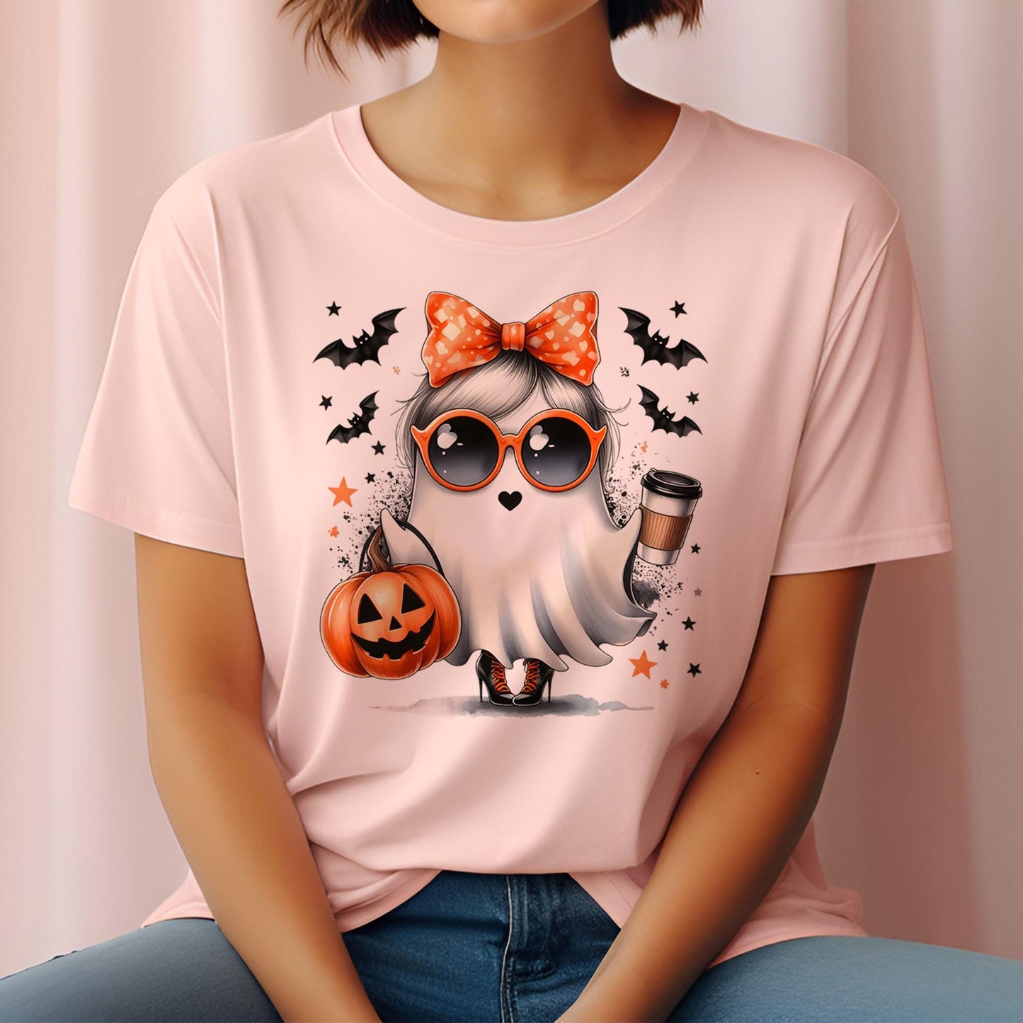 Coquette Cute Ghost Drinking Coffee Ready To Press, Halloween DTF Transfers, Pumpkin DTF Print Ready For Press, Boo Dtf, Spooky Season Dtf