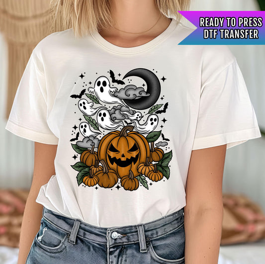 Pumpkin Patch DTF Transfer, Halloween DTF Transfer Ready For Press, Moon Dtf, Heat Press Transfers, Spooky Season Dtf, Bats, Ghost Dtf Print