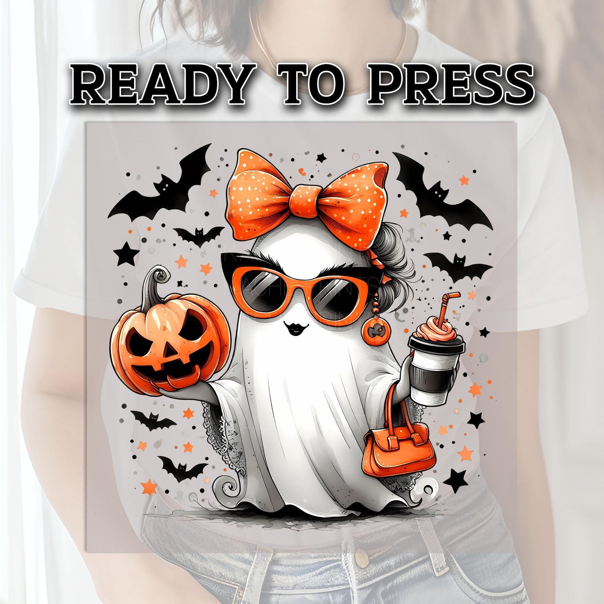 Cute Ghost Drinking Coffee Ready To Press, Halloween DTF Transfer, Bats DTF Print Ready For Press, Boo Dtf, Spooky Season, Ghost Ice Coffee