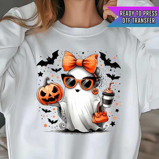 Cute Ghost Drinking Coffee Ready To Press, Halloween DTF Transfer, Bats DTF Print Ready For Press, Boo Dtf, Spooky Season, Ghost Ice Coffee