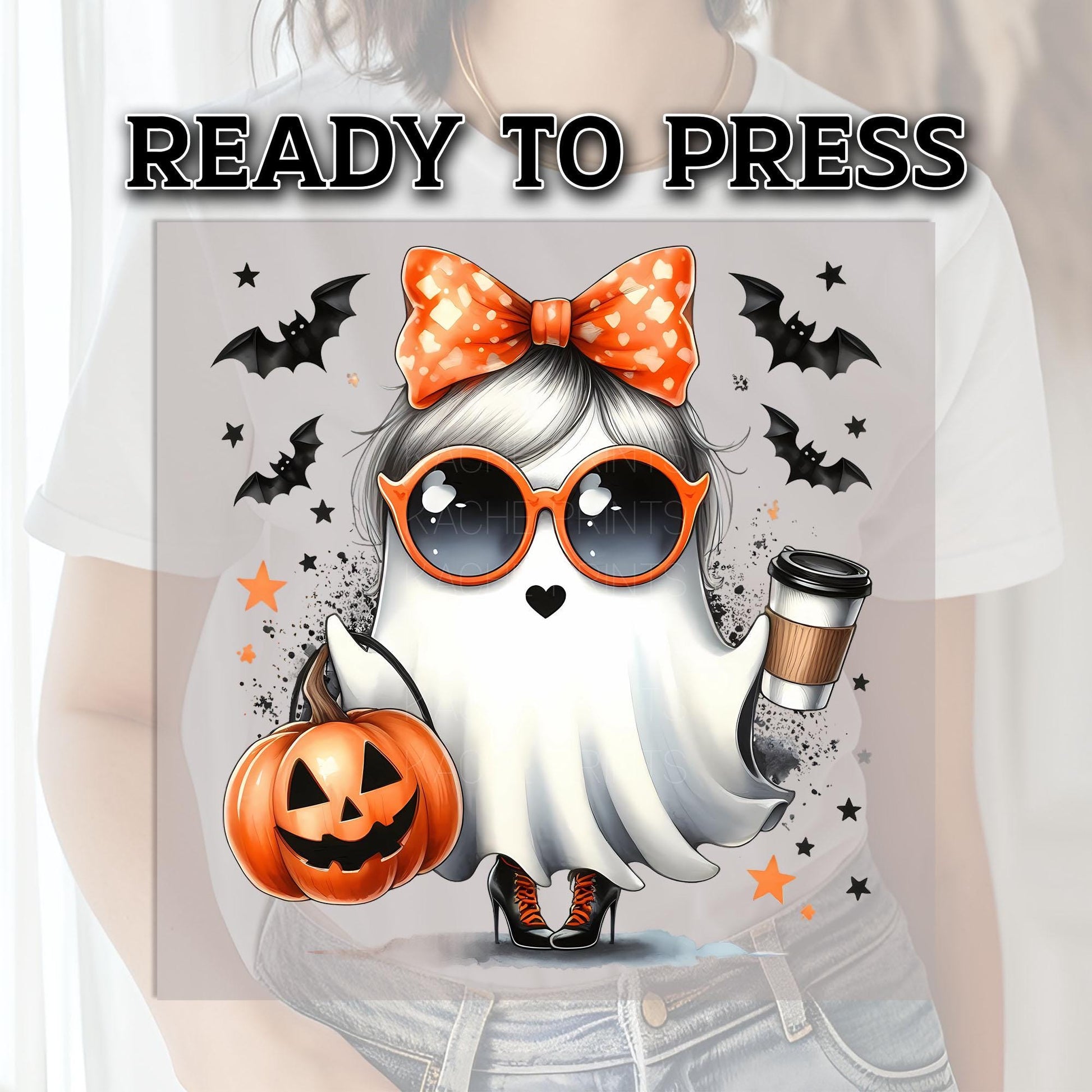 Coquette Cute Ghost Drinking Coffee Ready To Press, Halloween DTF Transfers, Pumpkin DTF Print Ready For Press, Boo Dtf, Spooky Season Dtf