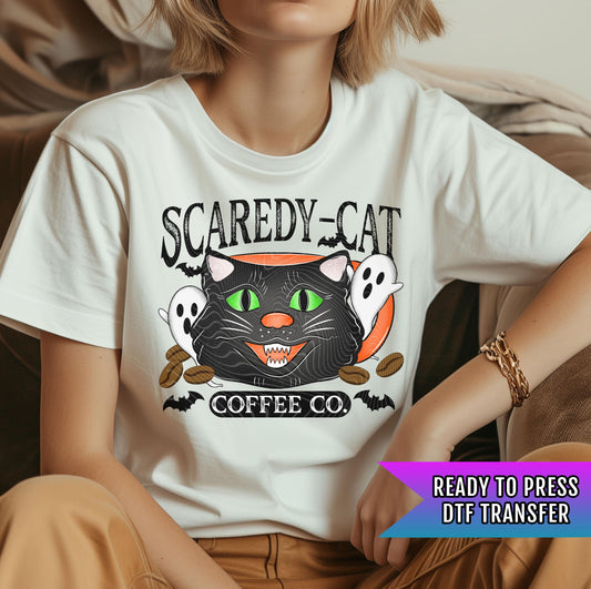 Scaredy Cat Coffee CO DTF Transfer, Spooky Season Dtf Print, Happy Halloween DTF Transfer Ready For Press, Heat Press Transfer, Fright Night