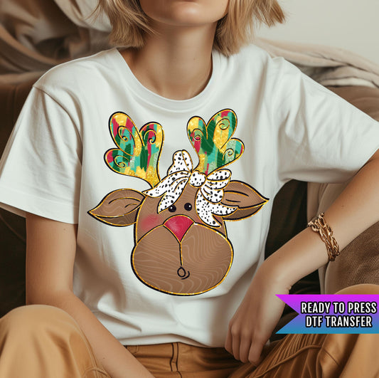 Christmas Reindeer DTF Transfers Ready For Press, Christmas Coquette Bow DTF Prints, Heat Press Transfers, Direct To Film, Cute Reindeer Dtf