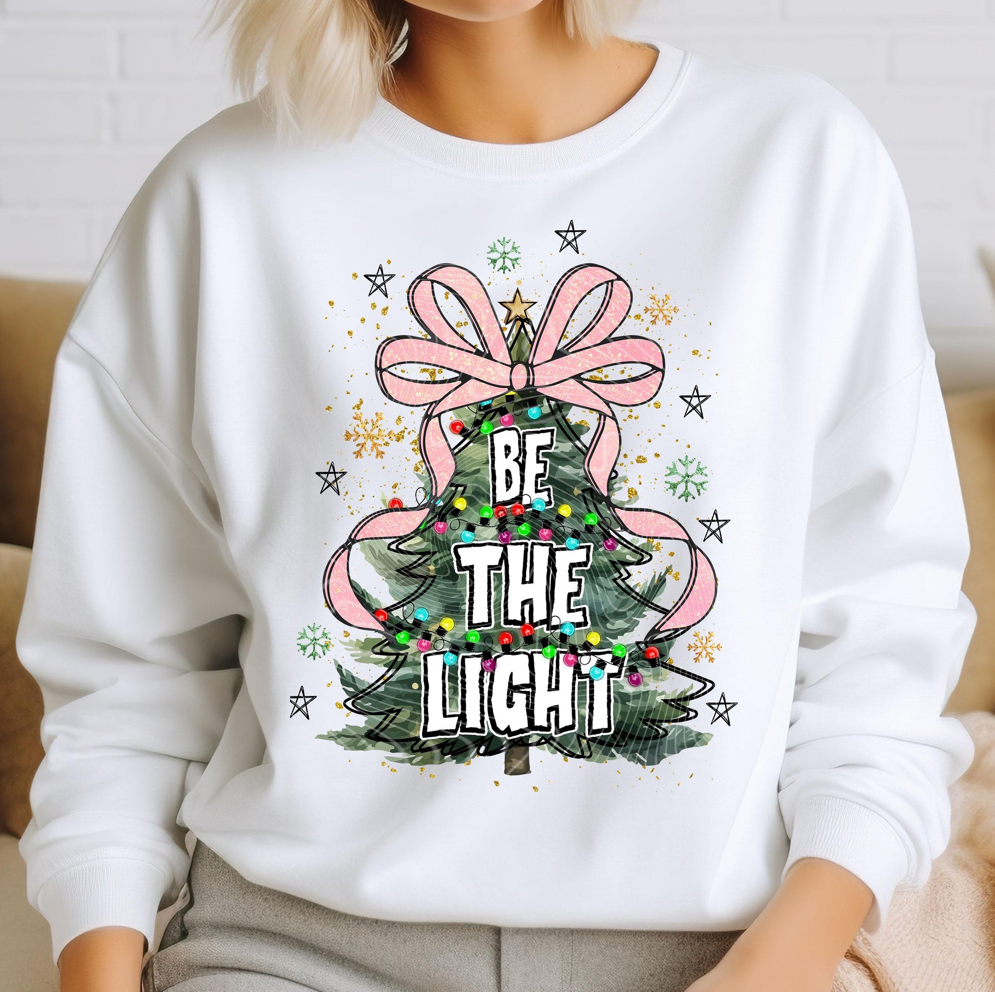Be The Light Christmas Tree DTF Transfer Ready For Press, Christmas Coquette Bow DTF Print, Heat Press Transfer, Direct To Film,Coquette Bow