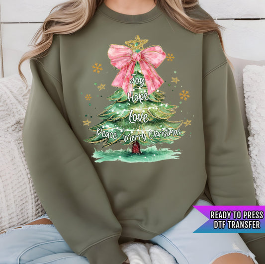 Joy Hope Love Peace Tree DTF Transfers Ready For Press, Christmas Coquette Bow DTF Print, Heat Press Transfer, Direct To Film, Snowflake Dtf
