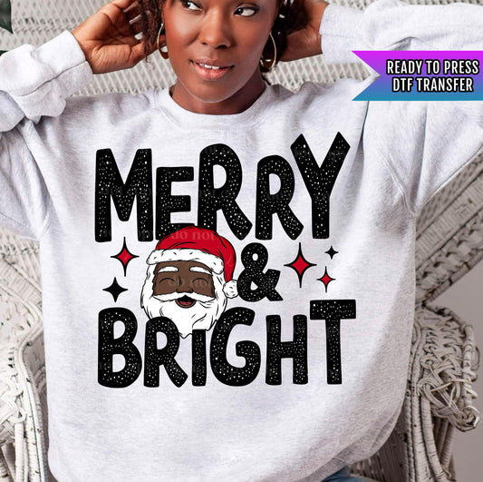 Merry And Bright DTF Transfers Ready For Press, Merry Christmas Santa DTF Prints, Heat Press Transfer, Direct To Film, Black Santa Claus Dtf