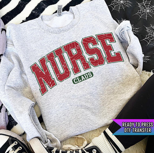 Nurse Claus Varsity Retro DTF Transfers Ready For Press, Nurse Claus Christmas DTF Prints, Heat Press Transfers, Direct To Film, Healthcare