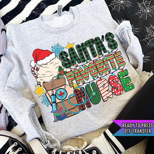 Santa&#39;s Favorite Nurse DTF Transfers Ready For Press, Christmas DTF Prints, Heat Press Transfers, Direct To Film, Nurse Christmas Dtf Prints