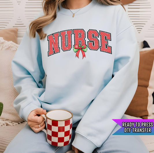Christmas Nurse Varsity Bow Retro DTF Transfers Ready For Press, Christmas DTF Prints, Heat Press Transfers, Direct To Film, Nurse Christmas