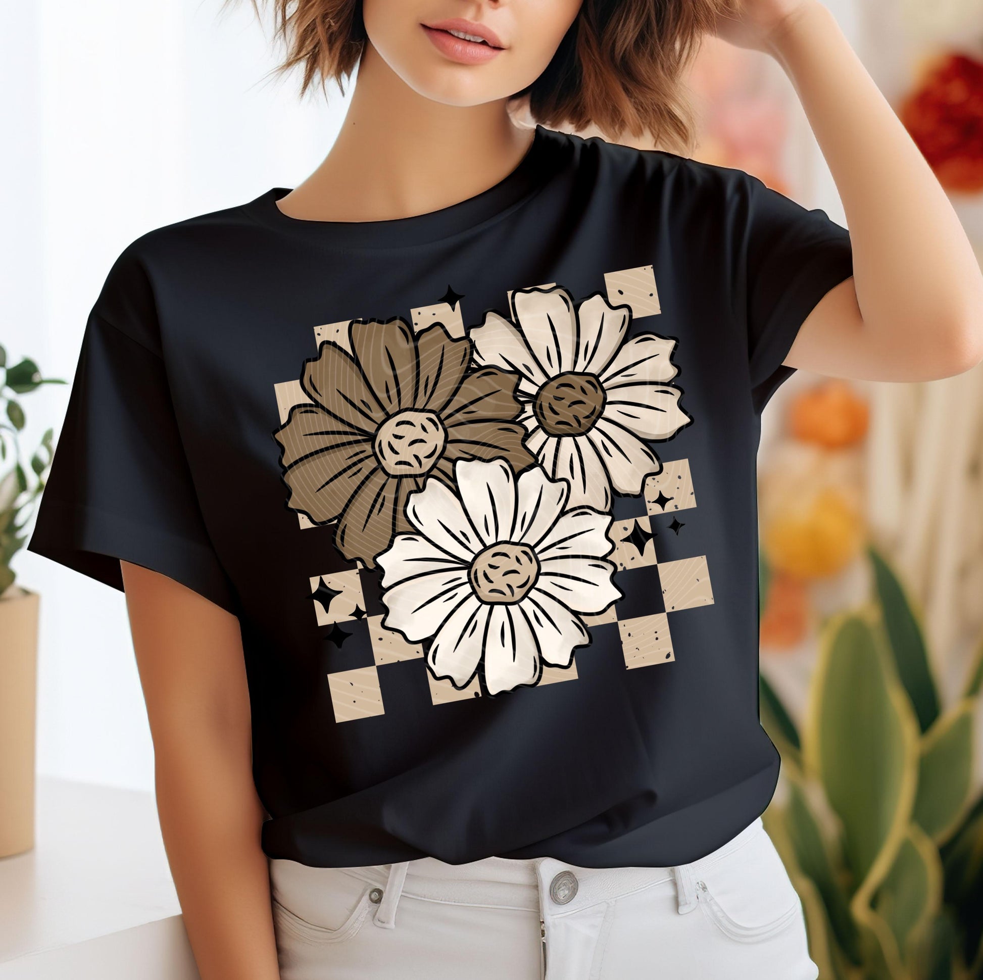 Florals DTF Transfer Ready For Press, Fall Flower DTF Print, Heat Press Transfer, Direct To Film, Boho Floral Dtf Print, Fall Checker Floral
