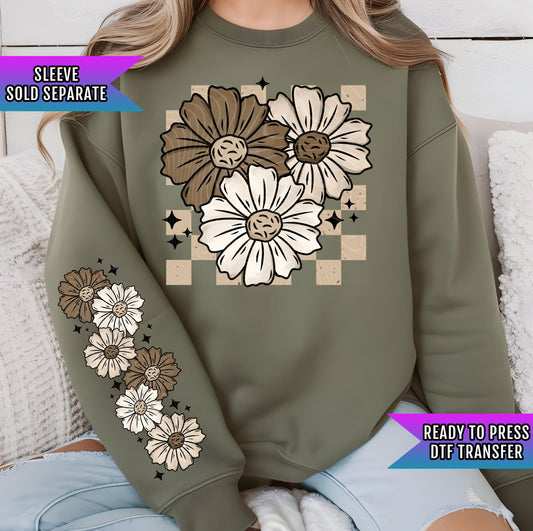 Florals DTF Transfer Ready For Press, Fall Flower DTF Print, Heat Press Transfer, Direct To Film, Boho Floral Dtf Print, Fall Checker Floral