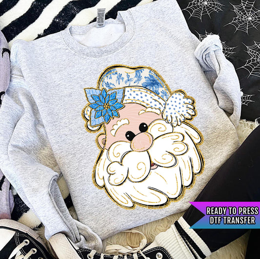 Blue Floral Santa Claus DTF Transfers Ready For Press, Christmas Coquette Bow DTF Prints, Heat Press Transfers, Direct To Film, Retro Santa