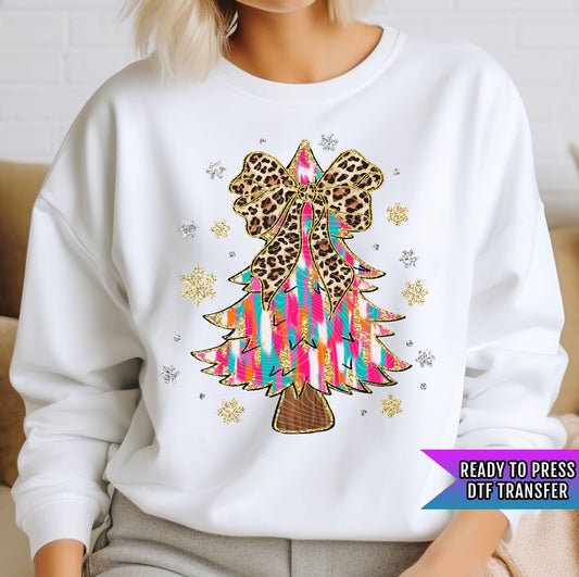 Brushstroke Christmas Trees DTF Transfers Ready For Press, Christmas Coquette Leopard Bow DTF Prints, Heat Press Transfers, Direct To Film
