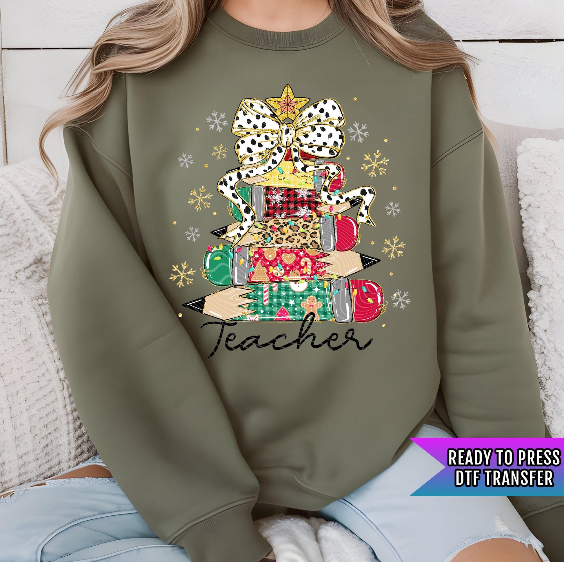 Teacher Pencil Tree DTF Transfer Ready For Press, Christmas Coquette Bow DTF Prints, Heat Press Transfer, Direct To Film, Winter Holiday Dtf