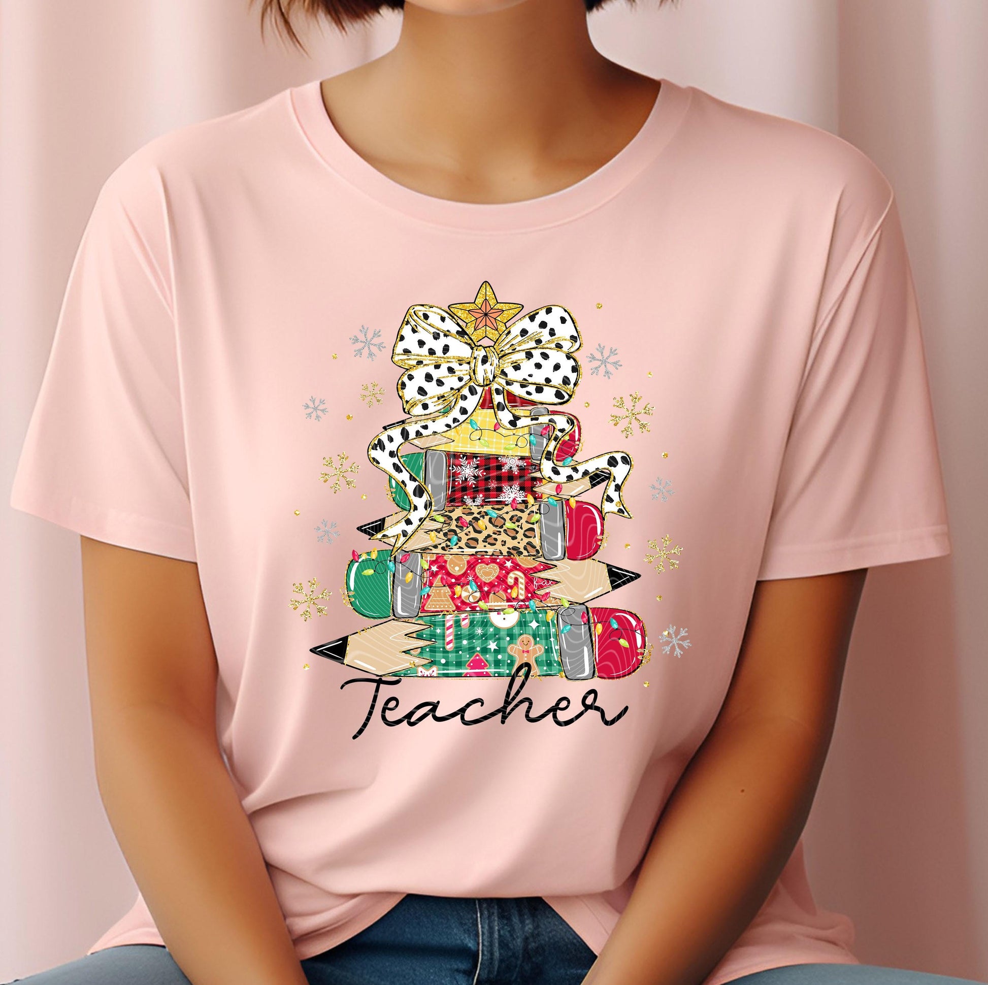 Teacher Pencil Tree DTF Transfer Ready For Press, Christmas Coquette Bow DTF Prints, Heat Press Transfer, Direct To Film, Winter Holiday Dtf