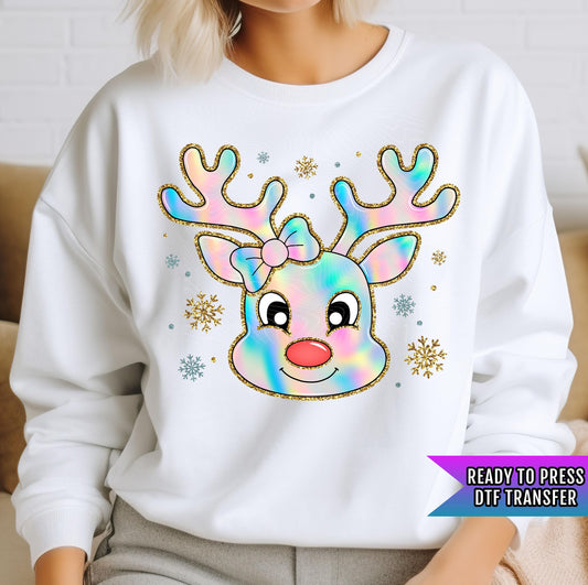 Iridescent Paper Reindeer DTF Transfer Ready For Press, Merry Christmas DTF Print, Heat Press Transfer, Direct To Film, Snowflakes Dtf Print