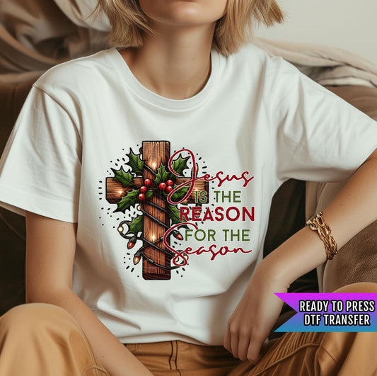 Jesus Is The Reason For The Season Lights Cross DTF Transfer Ready For Press, Merry Christmas DTF Print, Heat Press Transfer, Direct To Film