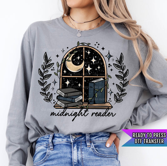 Midnight Reader DTF Transfer Ready For Press, Book DTF Print, Heat Press Transfer, Book Dtf Transfer, Book Lover Transfer, Passionate Reader