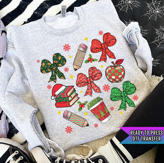 Coquette Teacher Christmas Bow DTF Transfer Ready For Press, Christmas Coquette Bow DTF Prints, Heat Press Transfer, Direct To Film, Holiday