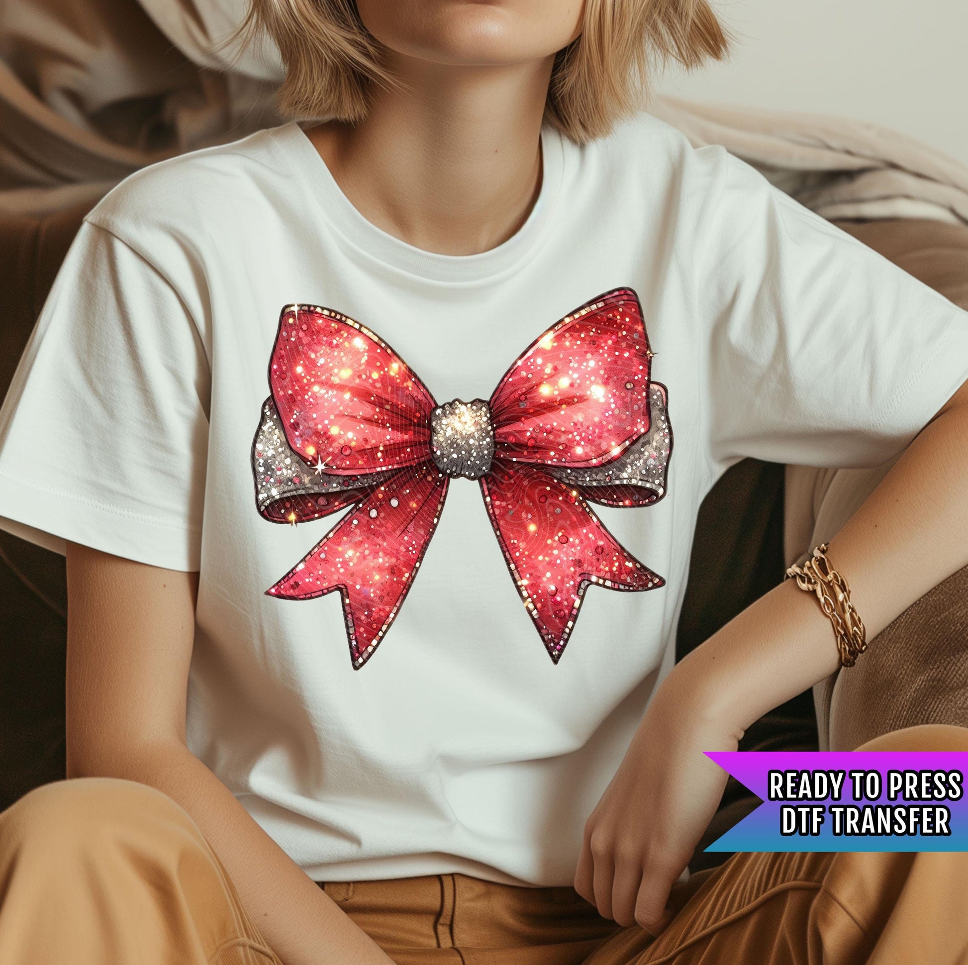 Christmas Red Glitter Bow DTF Transfer Ready For Press, Christmas DTF Prints, Heat Press Transfer, Direct To Film, Santa, Christmas Tree Dtf