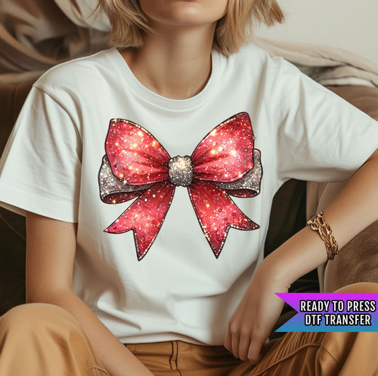 Christmas Red Glitter Bow DTF Transfer Ready For Press, Christmas DTF Prints, Heat Press Transfer, Direct To Film, Santa, Christmas Tree Dtf