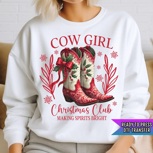 Cowgirl Christmas Club DTF Transfer Ready For Press, Farm Christmas DTF Print, Heat Press Transfer, Direct To Film, Christmas Cow Lover Dtf