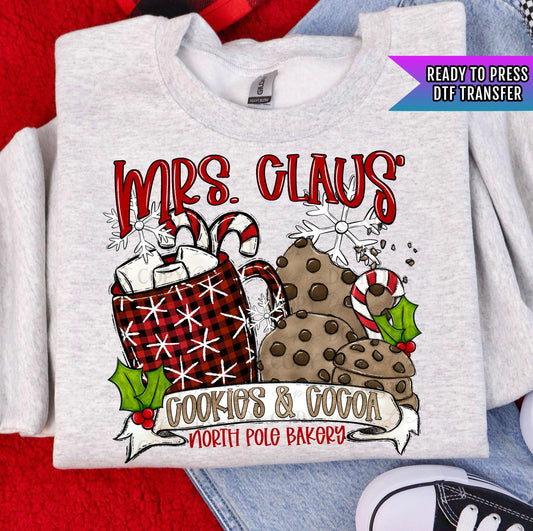Mrs Claus’ Cookies And Cocoa  DTF Transfers Ready For Press, Merry Christmas DTF Prints, Heat Press Transfers, North Pole Bakery Dtf Prints