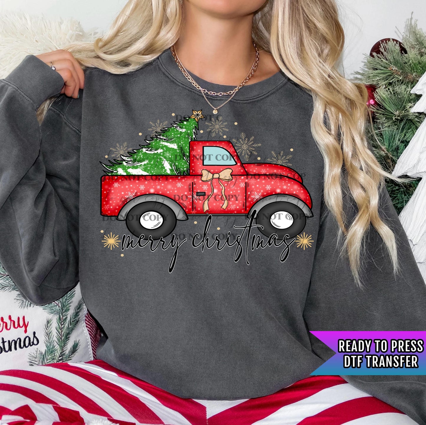 Merry Christmas Red Truck DTF Transfer Ready For Press, Christmas Coquette Bow DTF Print, Heat Press Transfer, Direct To Film,Christmas Tree