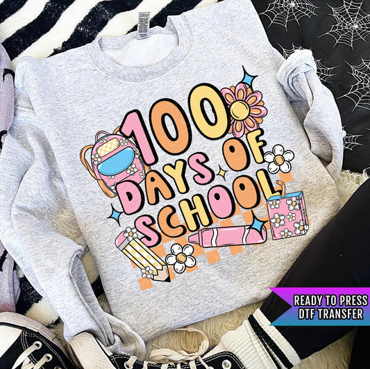 100 Days Of School DTF Transfers Ready For Press, Teacher DTF Print, Heat Press Transfer, Flowers Dtf, Direct To Film, Retro School Transfer