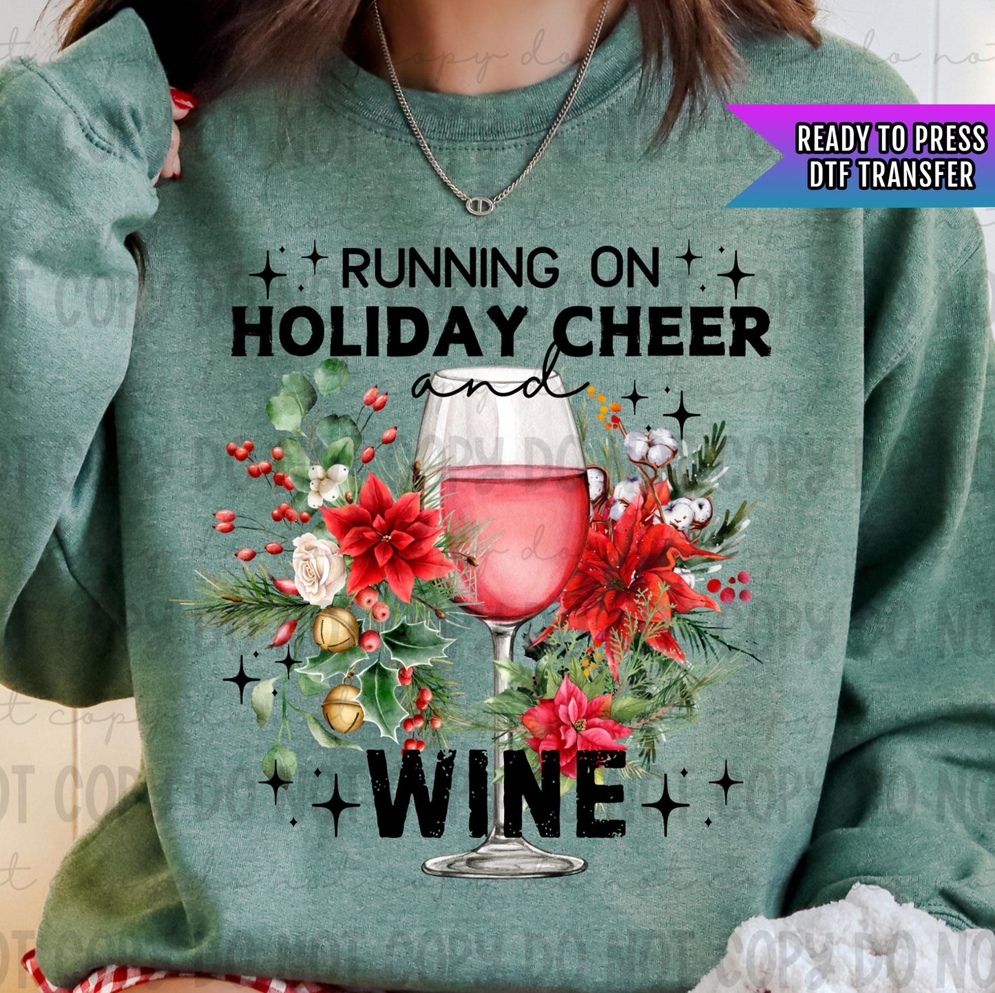 Running On Holiday Cheer Wine DTF Transfers Ready For Press, Christmas Dtf Prints, Heat Press Transfers, Direct To Film, Wine Lover Transfer