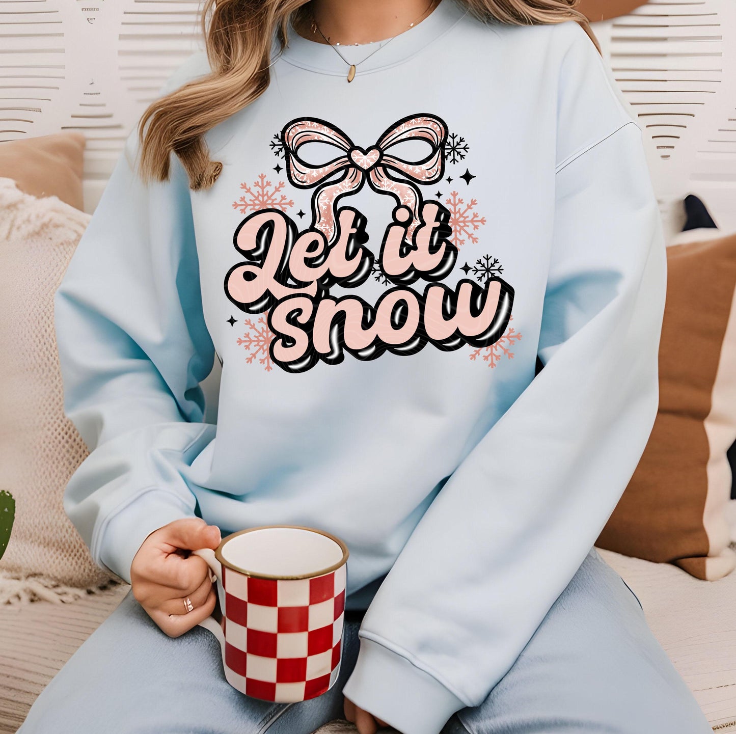 Let It Snow Pink DTF Transfers Ready For Press, Christmas Coquette Bow DTF Prints, Heat Press Transfer, Direct To Film, Snowflake Transfers