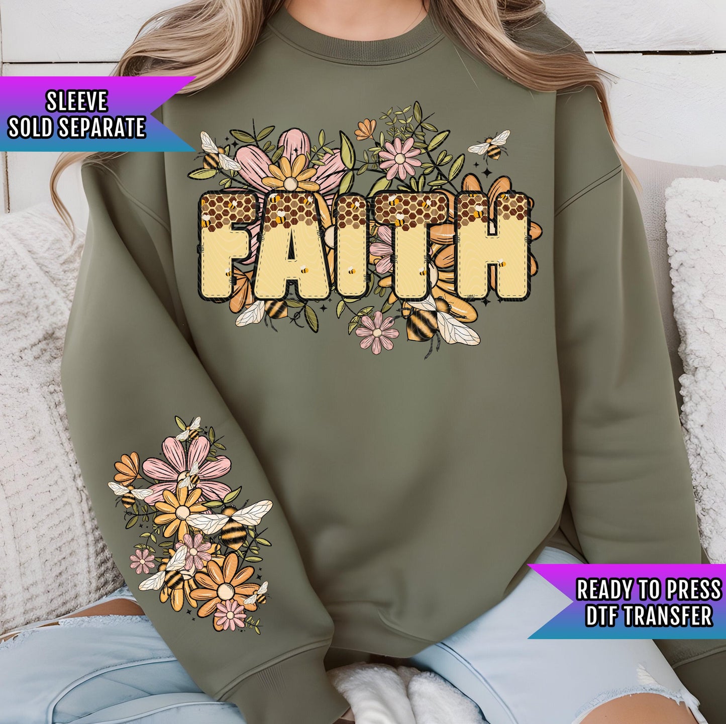 Faith Bee Floral DTF Transfer Ready For Press, Bee Dtf Prints, Heat Press Transfers, Direct To Film, Honeycombing Transfers, Sunflowers Dtf