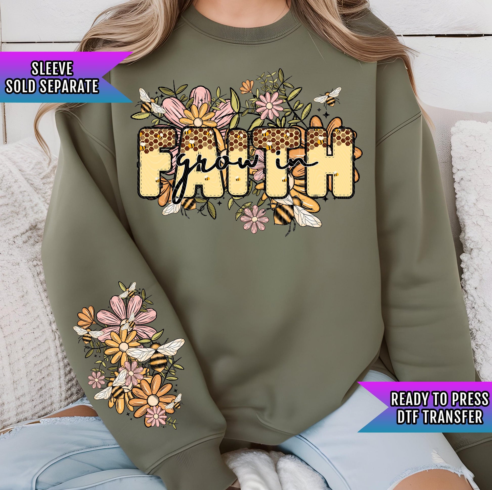 Grow In Faith Bee Floral DTF Transfer Ready For Press, Bee Dtf Prints, Heat Press Transfer, Direct To Film, Faith Dtf, Honeycombing Transfer