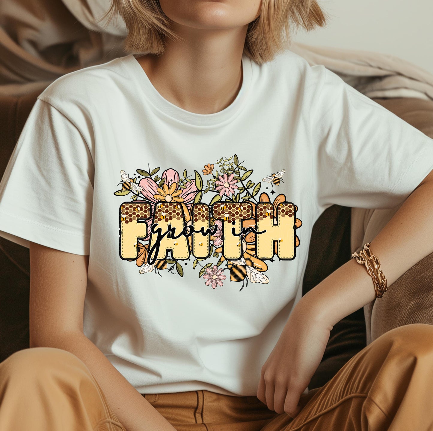 Grow In Faith Bee Floral DTF Transfer Ready For Press, Bee Dtf Prints, Heat Press Transfer, Direct To Film, Faith Dtf, Honeycombing Transfer