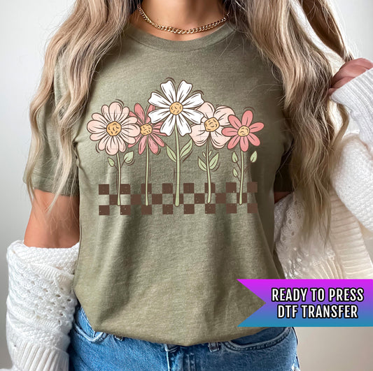Checker Spring Florals DTF Transfer Ready For Press, Spring Dtf Print, Floral DTF Transfer, Direct To Film, Heat Press Transfer, Tshirt Dtf