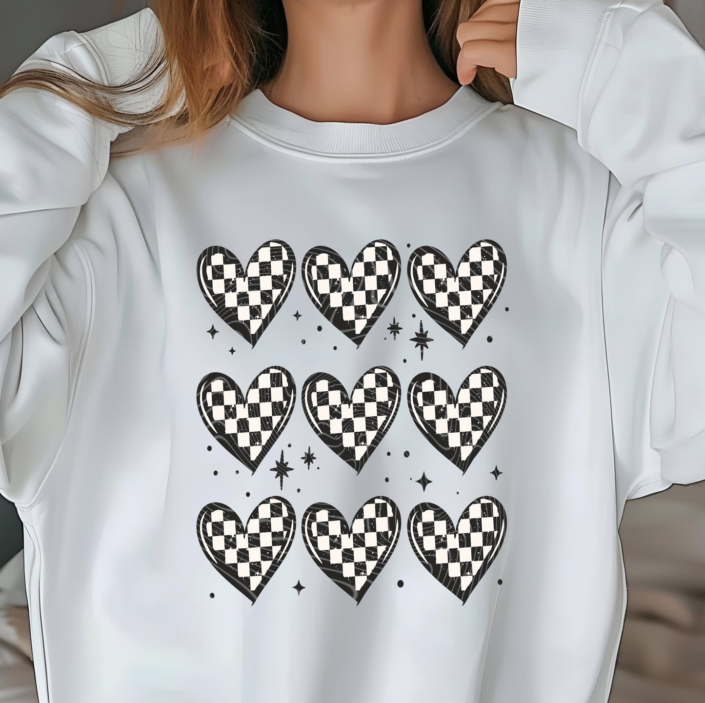 Checker Hearts Grid DTF Transfer Ready For Press, Happy Valentine&#39;s Day DTF Print, Heat Press Transfer, Direct To Film, Black Heart Transfer